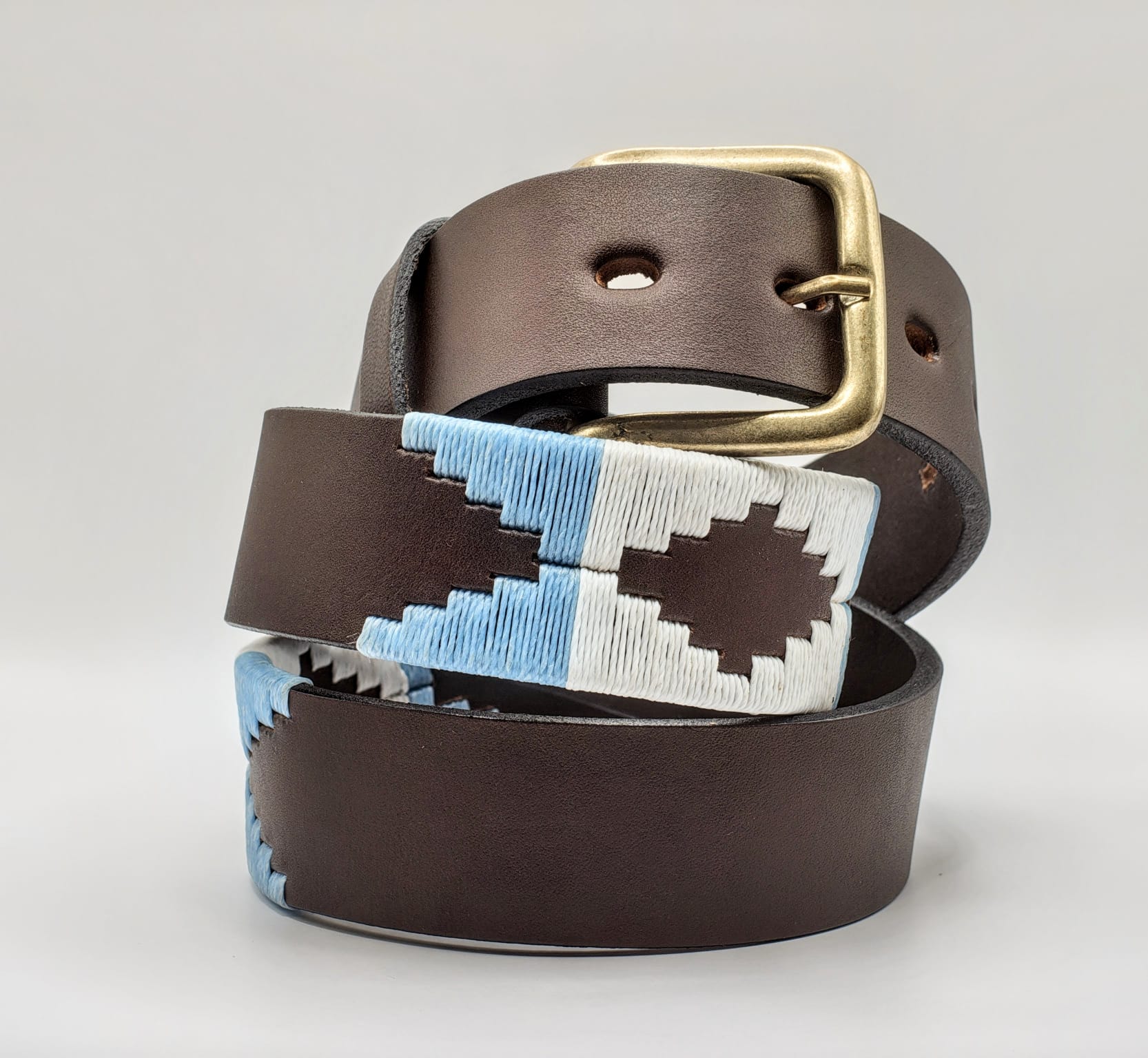 Ceinture de Polo en cuir brodée Argento - Bleu Ciel et Blanc