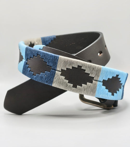 Ceinture de Polo en cuir brodée Cachi - Cuir Brun, Dégradé de Bleu et Gris