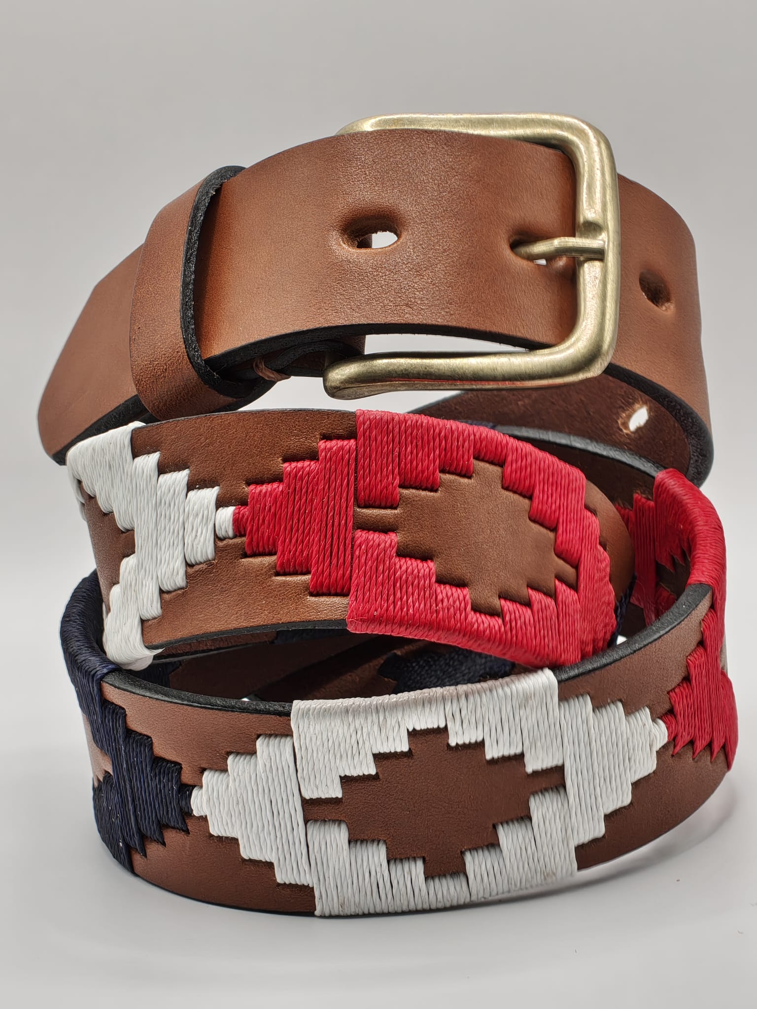 Ceinture de Polo en cuir brodée Francisco - Bleu Blanc Rouge