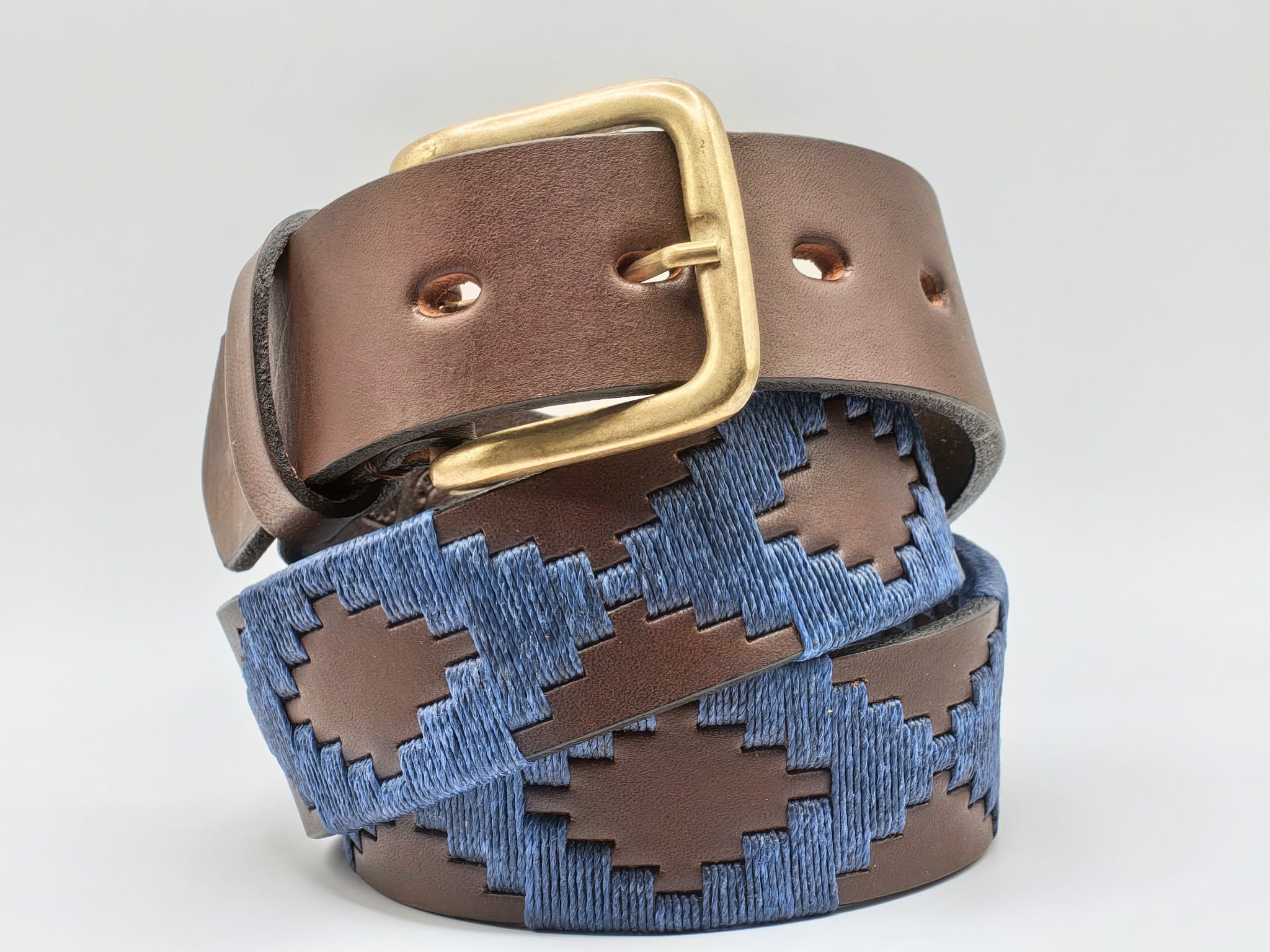 Ceinture de Polo en cuir brodée Unquillo - Cuir Havane et Bleu Denim
