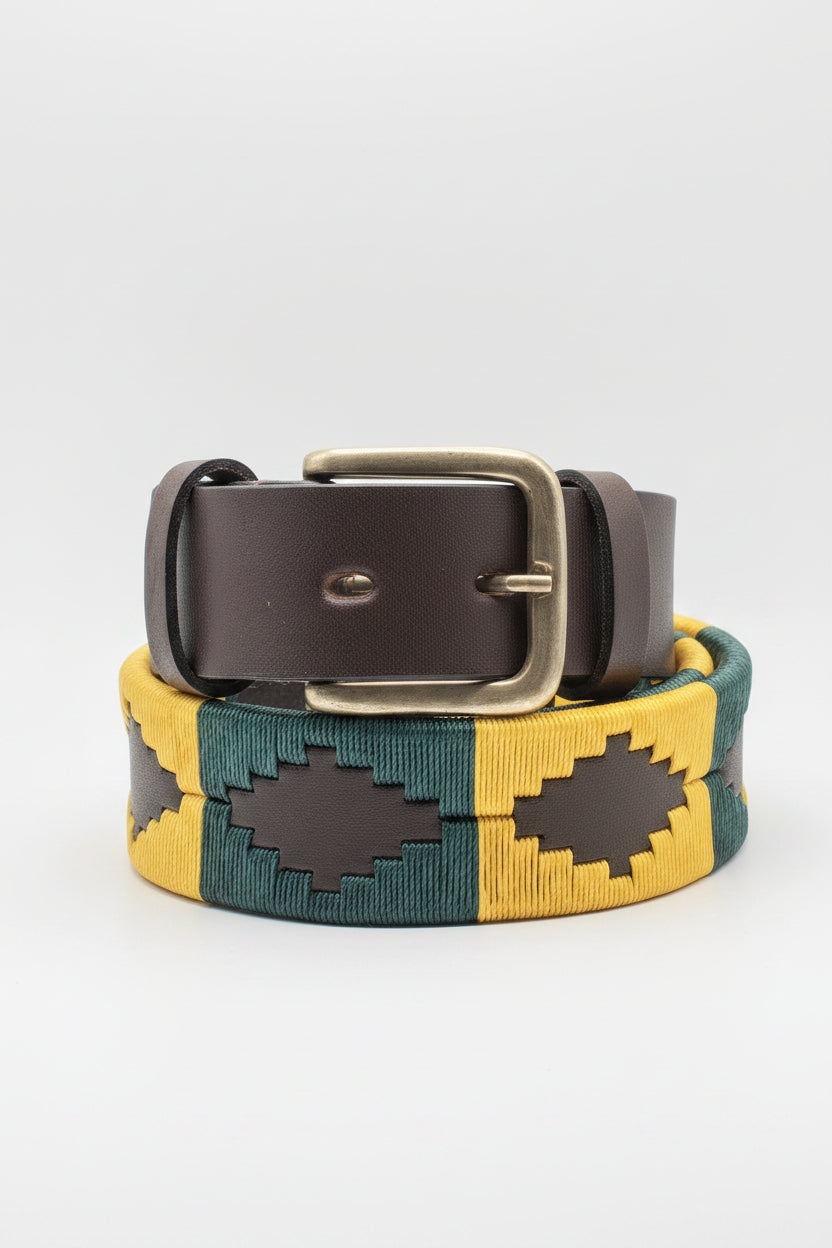 Ceinture de Polo en cuir brodée Esquel - Cuir Marron, Vert et Or