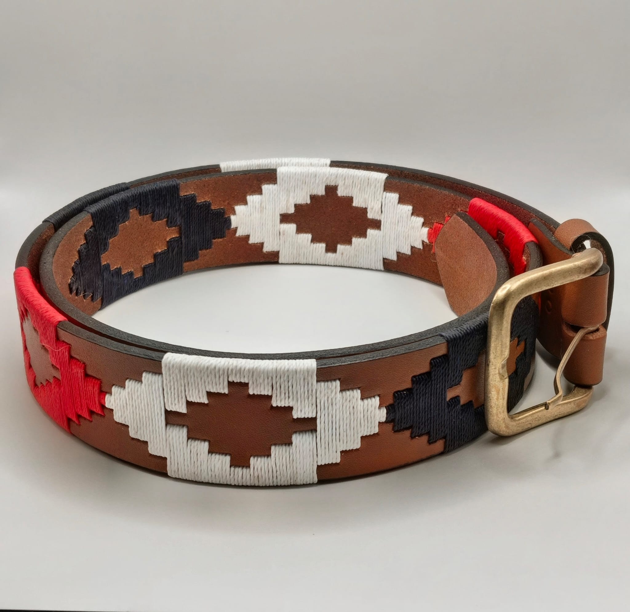 Ceinture de Polo en cuir brodée Francisco - Bleu Blanc Rouge
