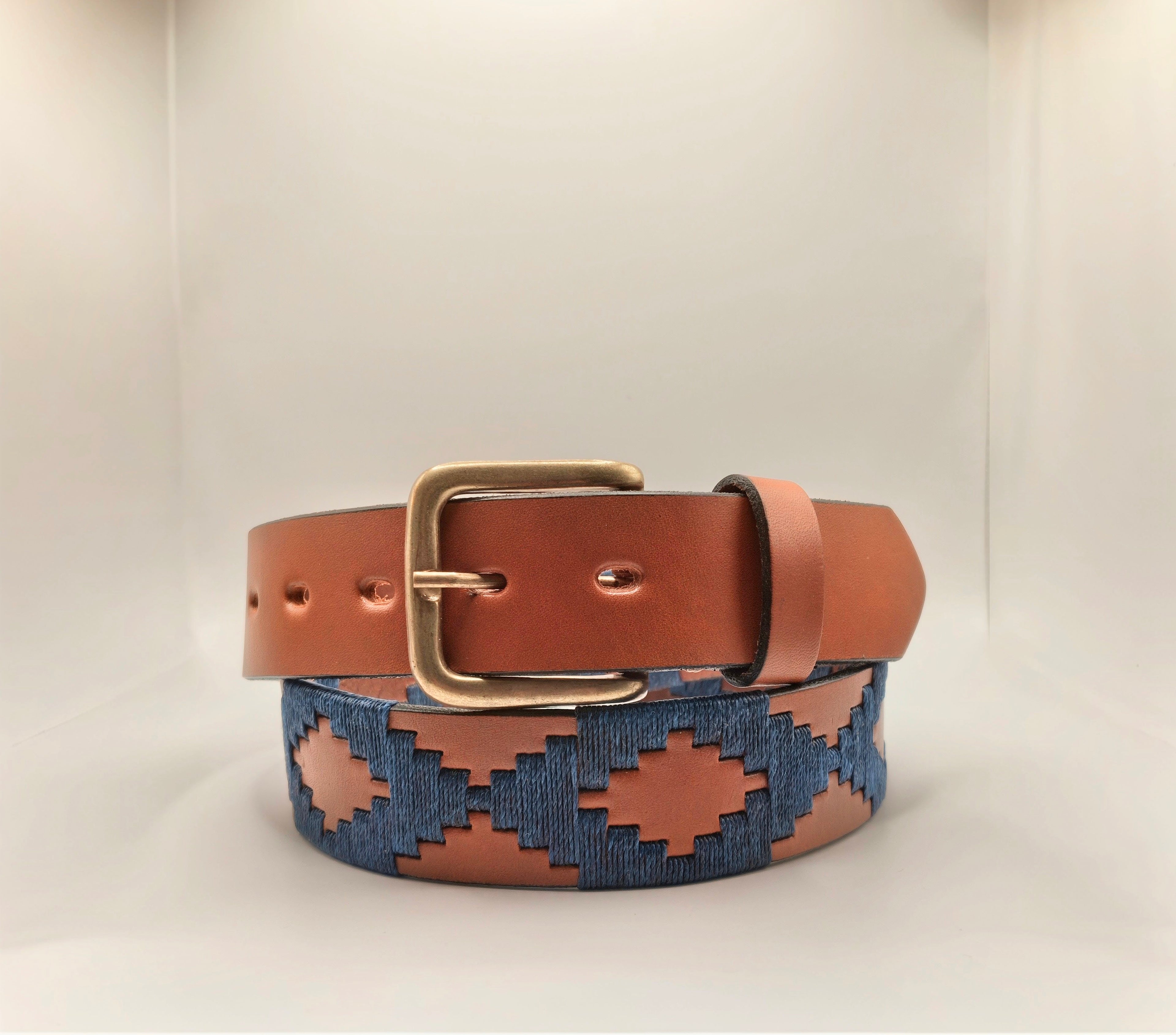 Ceinture de Polo en cuir brodée Potrillo - Cuir Fauve et Bleu Marine