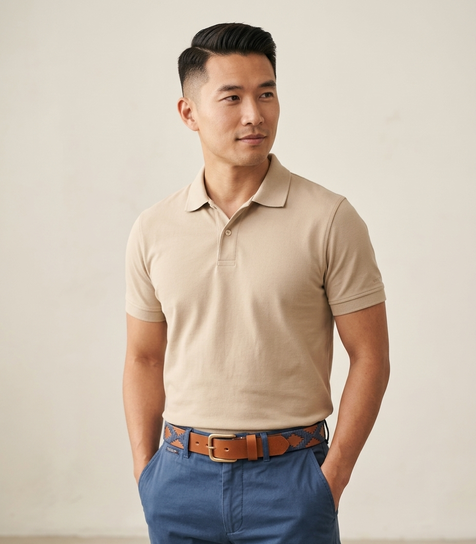 Ceinture de Polo en cuir brodée Potrillo - Cuir Fauve et Bleu Marine