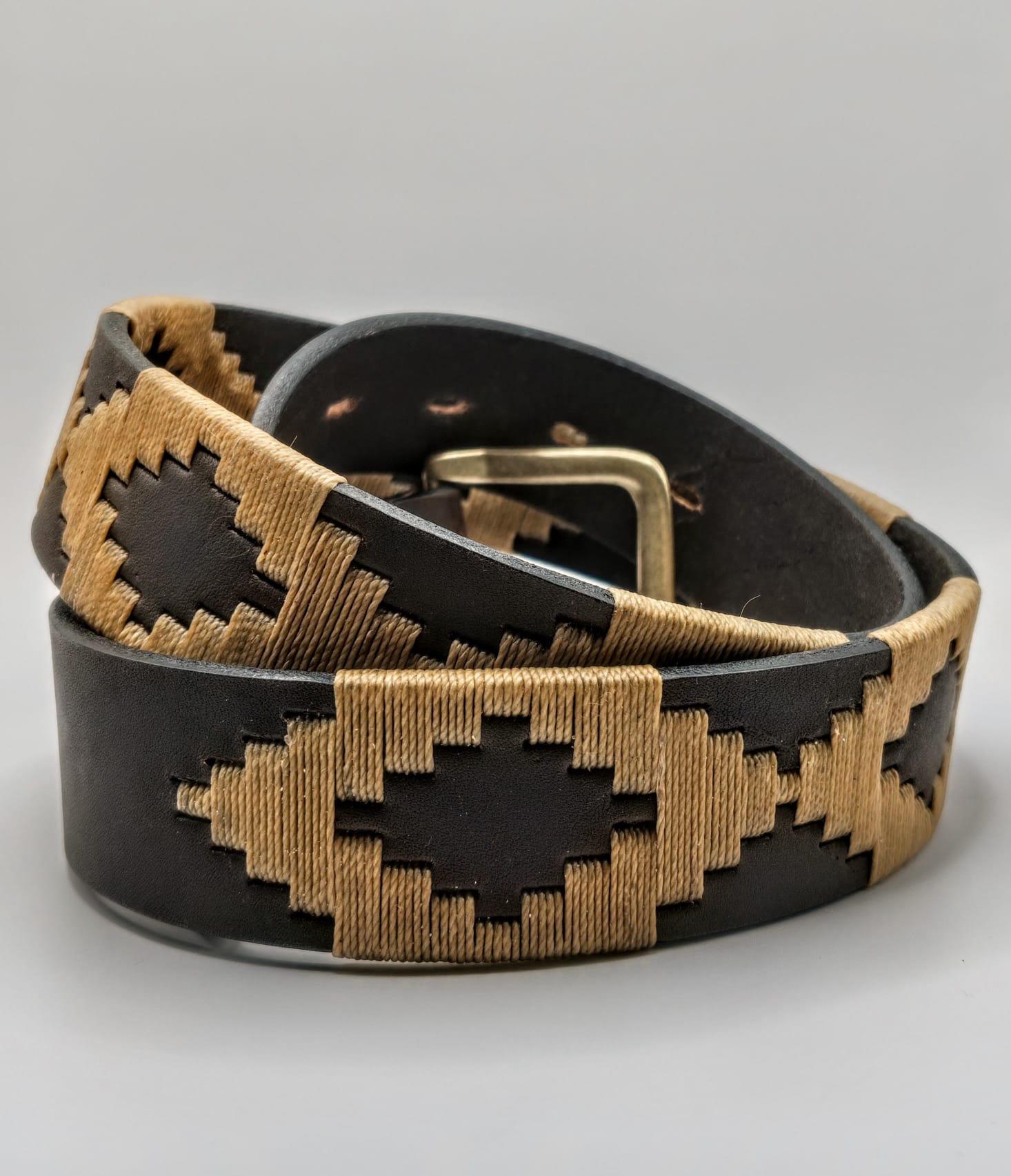 Ceinture de Polo en cuir brodée Salta - Cuir Marron et Sable