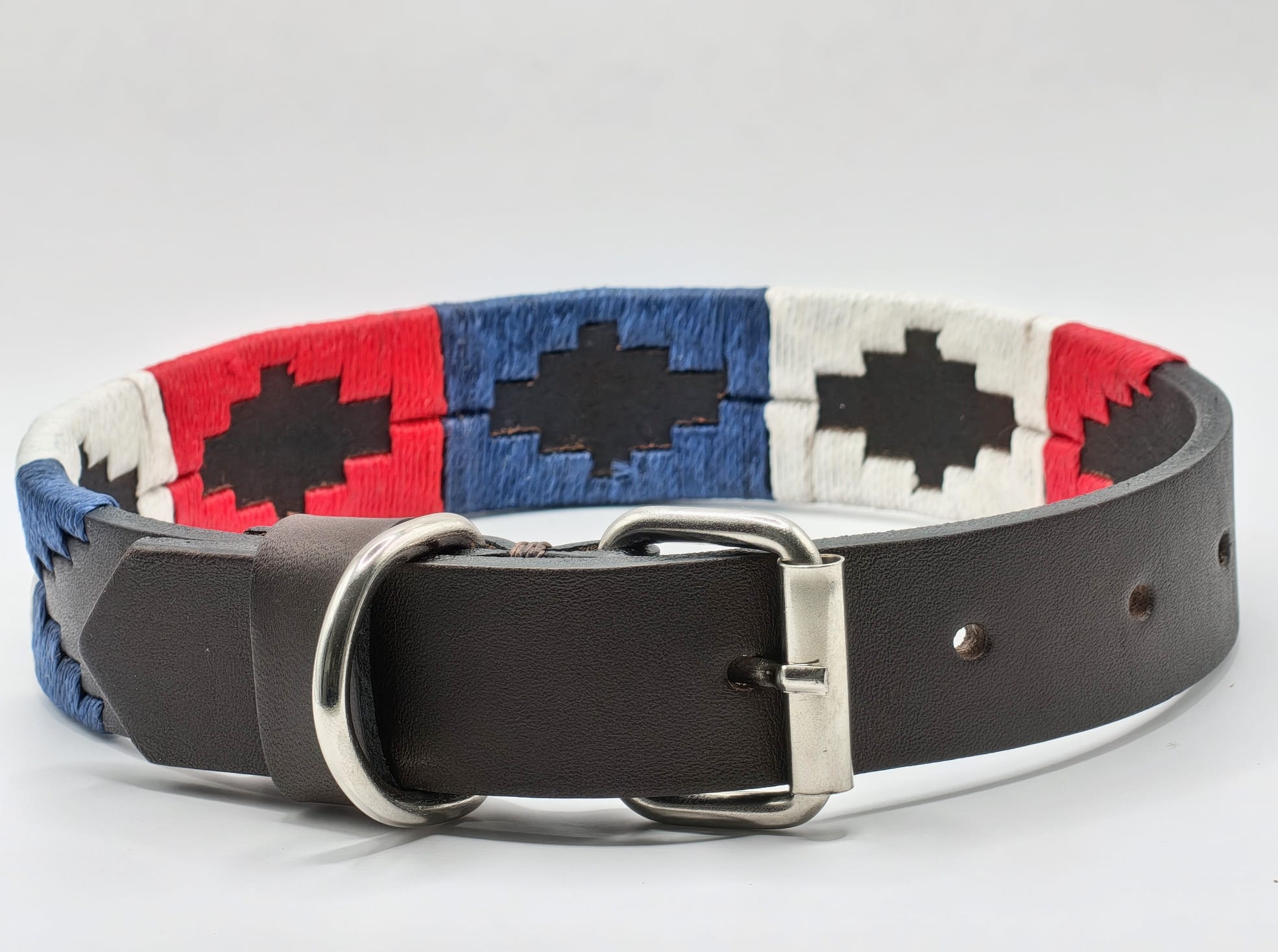 Collier en Cuir Brodé pour Chien Francisca - Brun Chocolat, Bleu, Blanc et Rouge