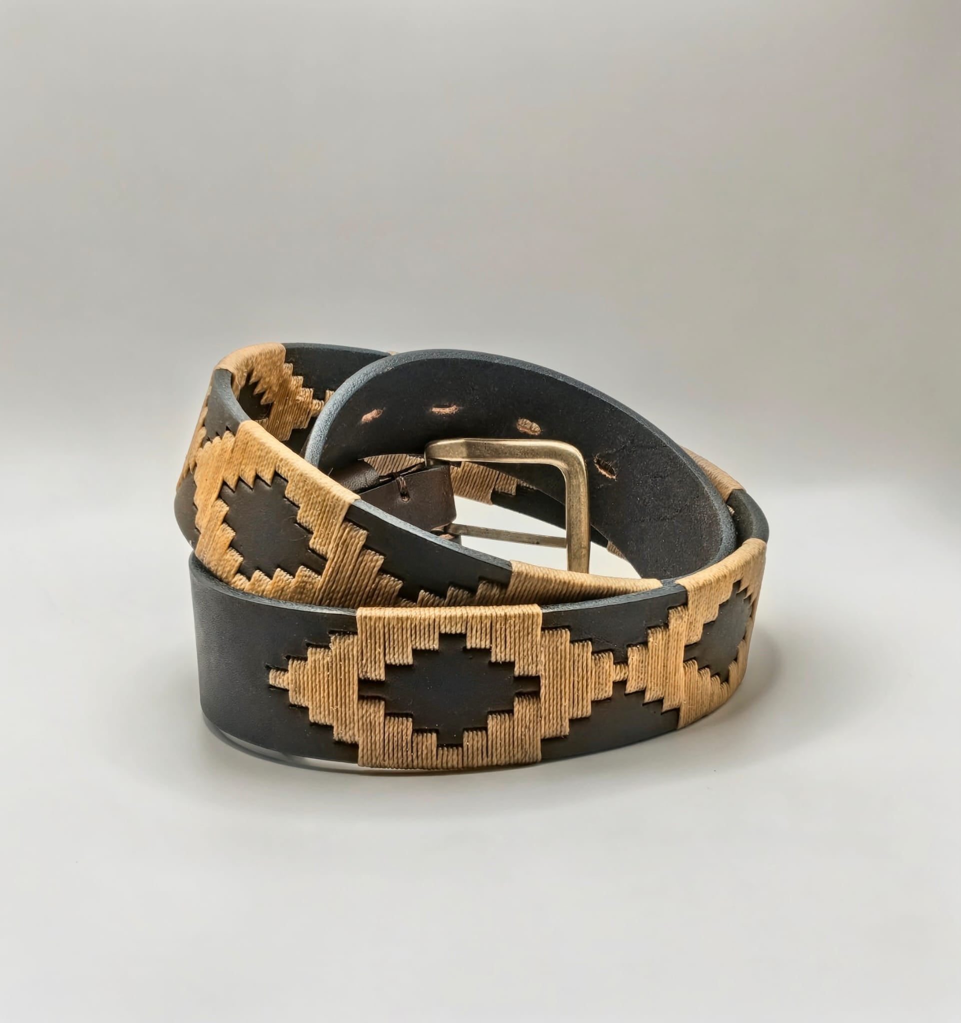 Ceinture de Polo en cuir brodée Salta - Cuir Marron et Sable