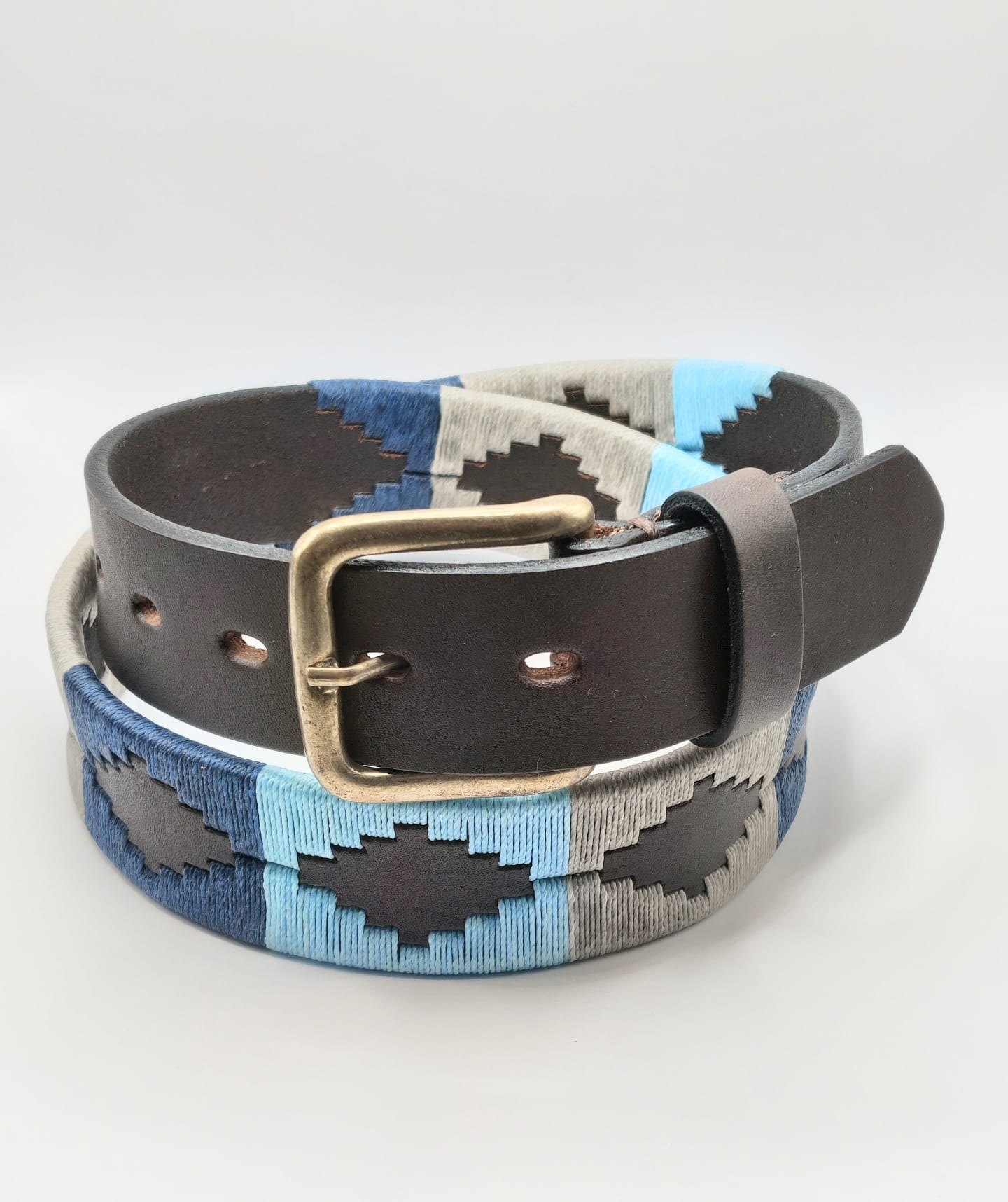 Ceinture de Polo en cuir brodée Cachi - Cuir Brun, Dégradé de Bleu et Gris