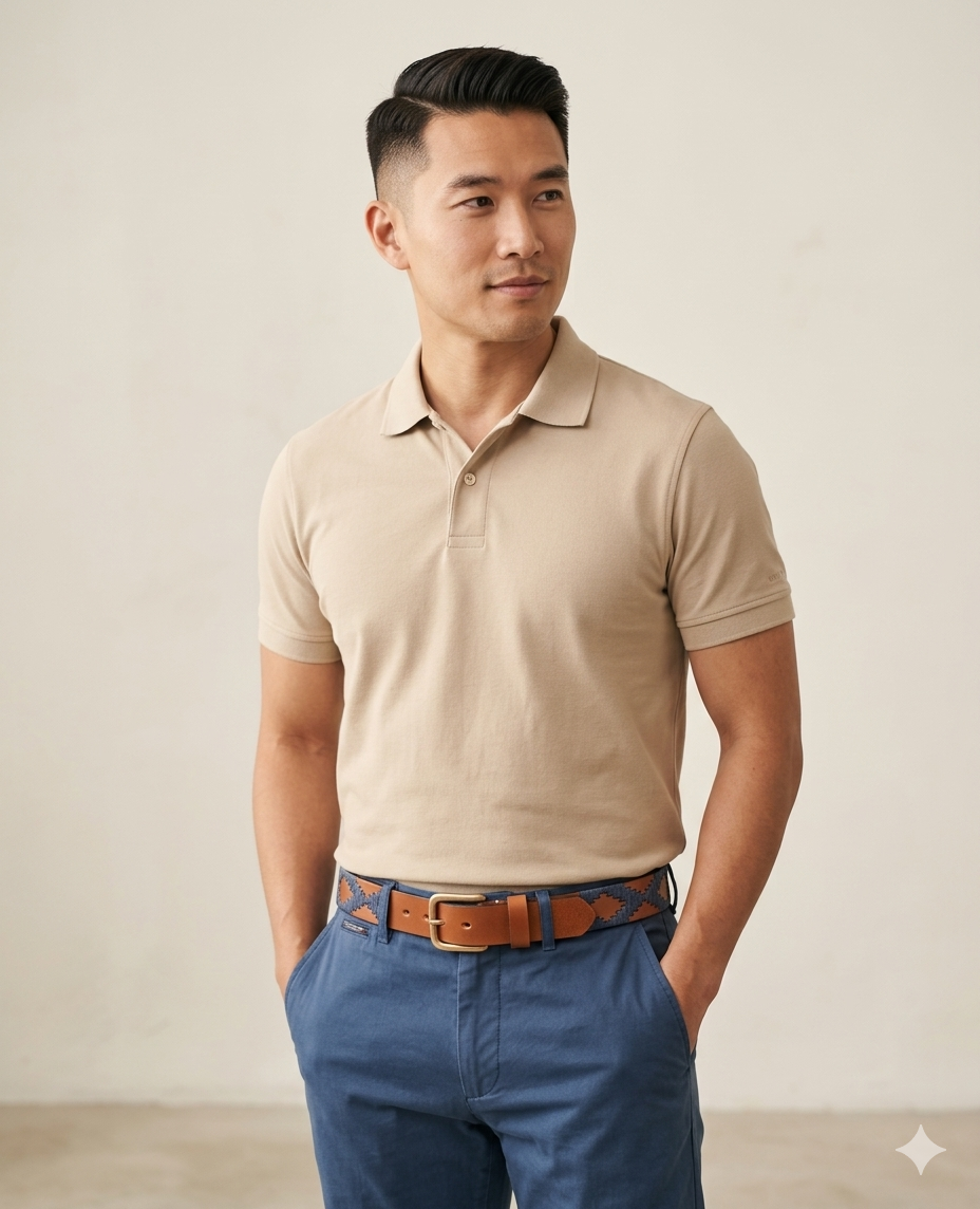 Ceinture de Polo en cuir brodée Potrillo - Cuir Fauve et Bleu Marine