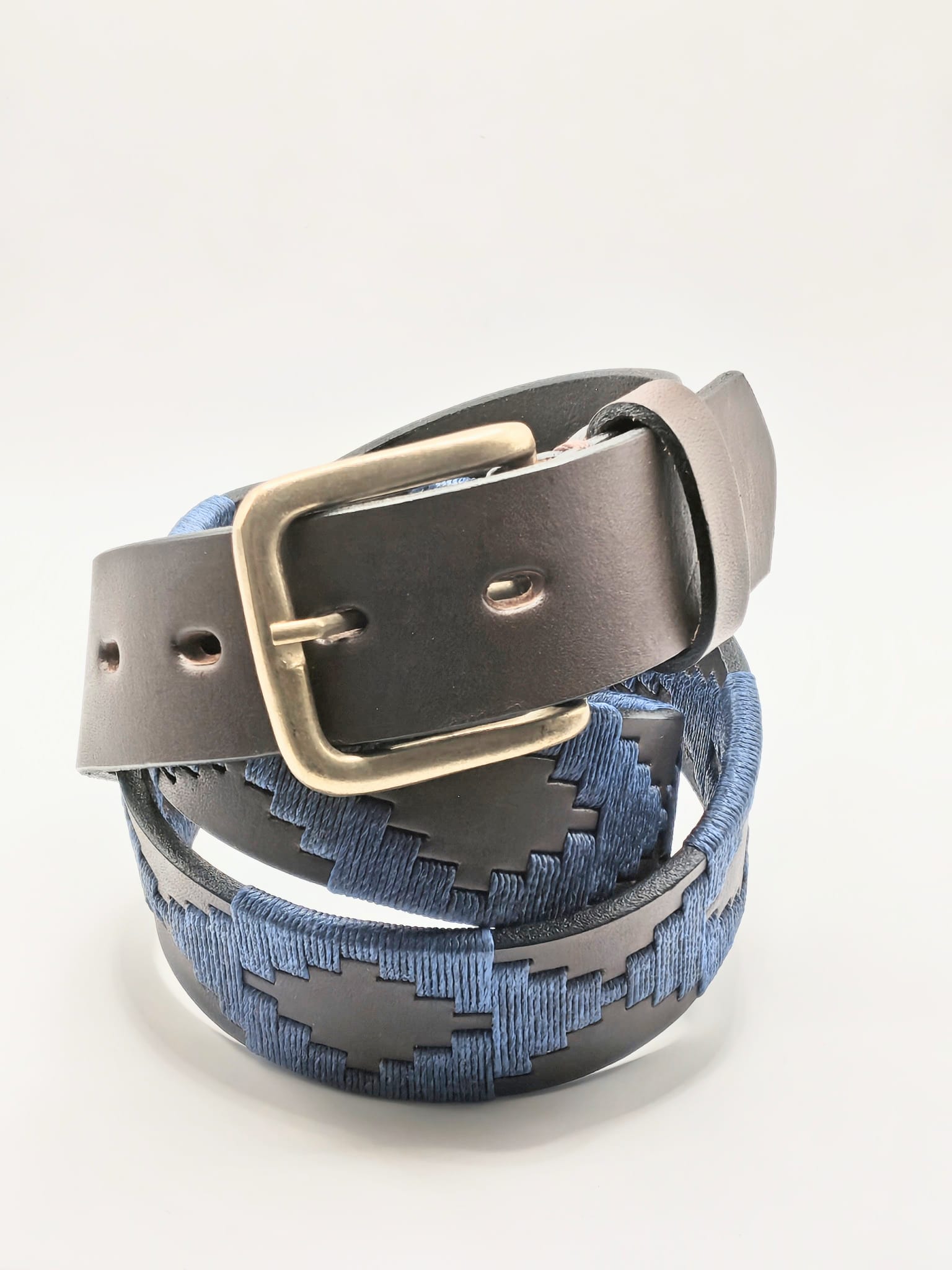 Ceinture de Polo en cuir brodée Unquillo - Cuir Havane et Bleu Denim