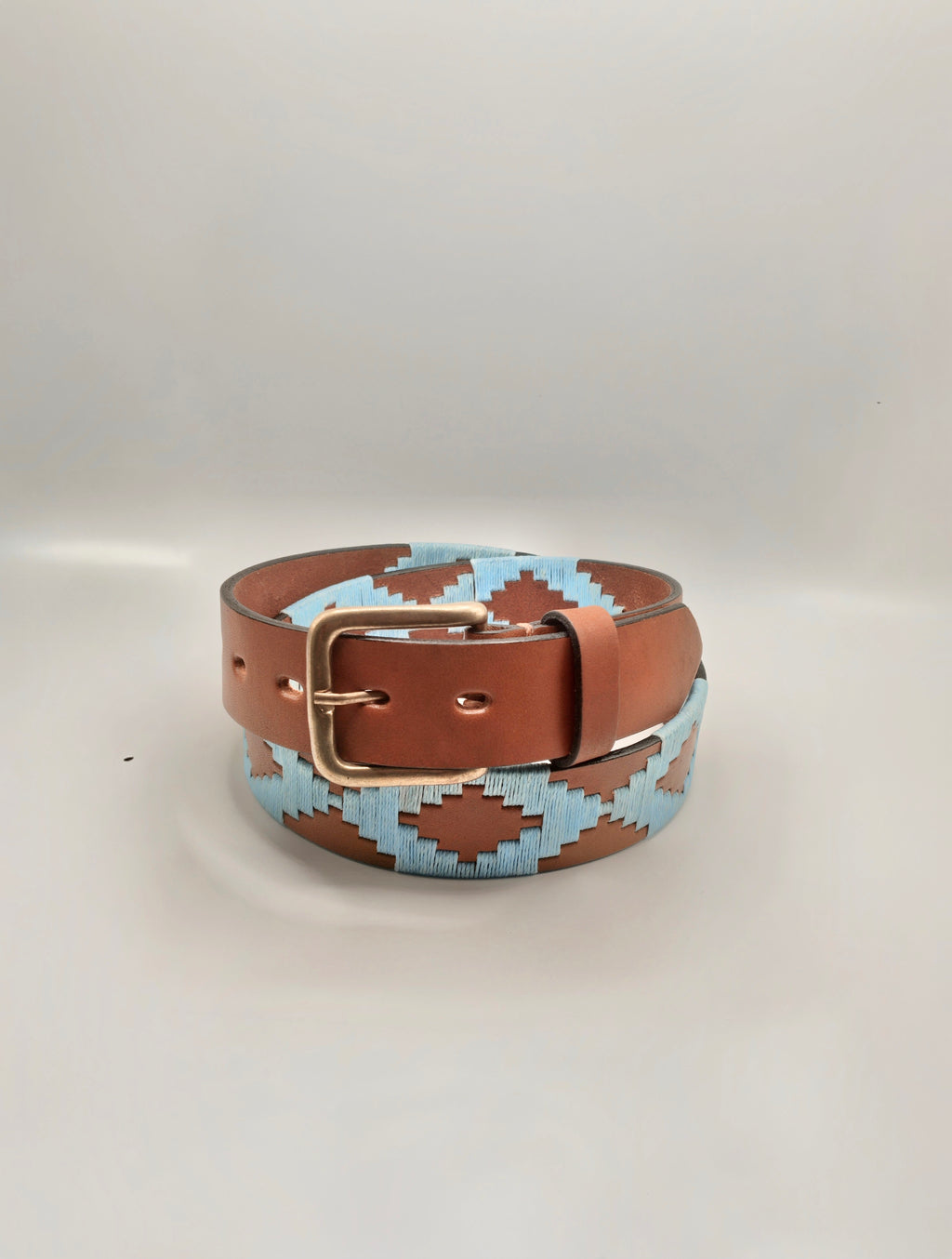 Ceinture de Polo en cuir brodée Nono - Cuir Fauve et Bleu Ciel