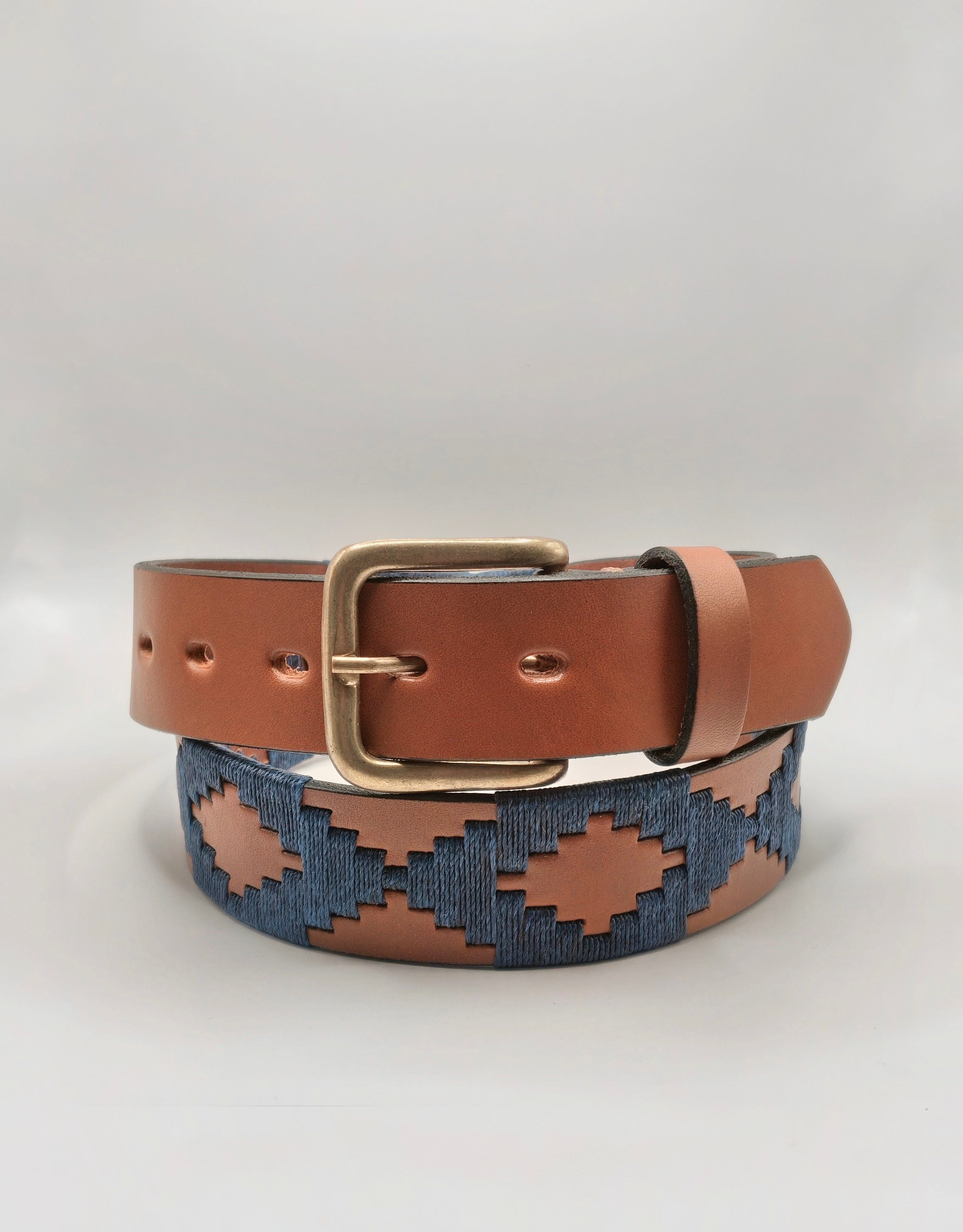 Ceinture de Polo en cuir brodée Potrillo - Cuir Fauve et Bleu Marine