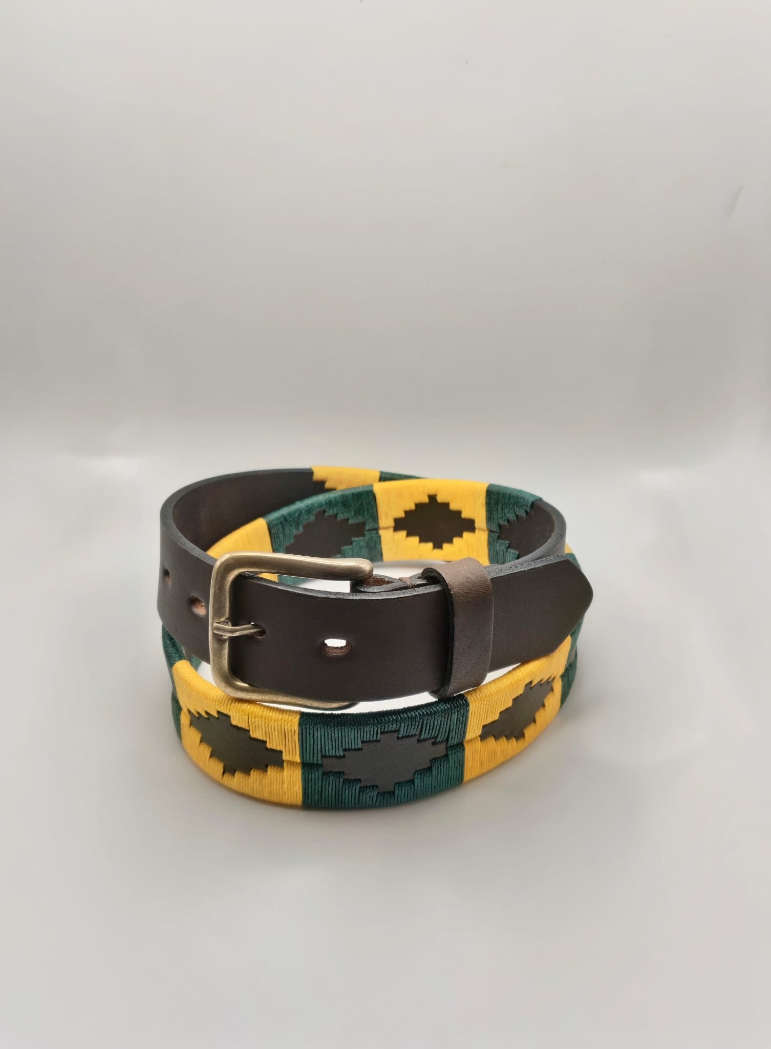 Ceinture de Polo en cuir brodée Esquel - Cuir Marron, Vert et Or