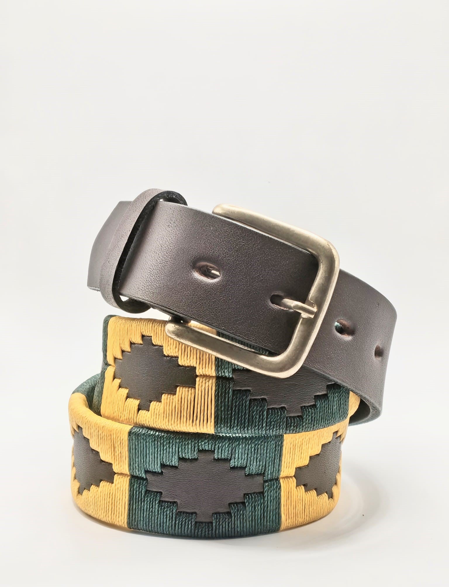 Ceinture de Polo en cuir brodée Esquel - Cuir Marron, Vert et Or