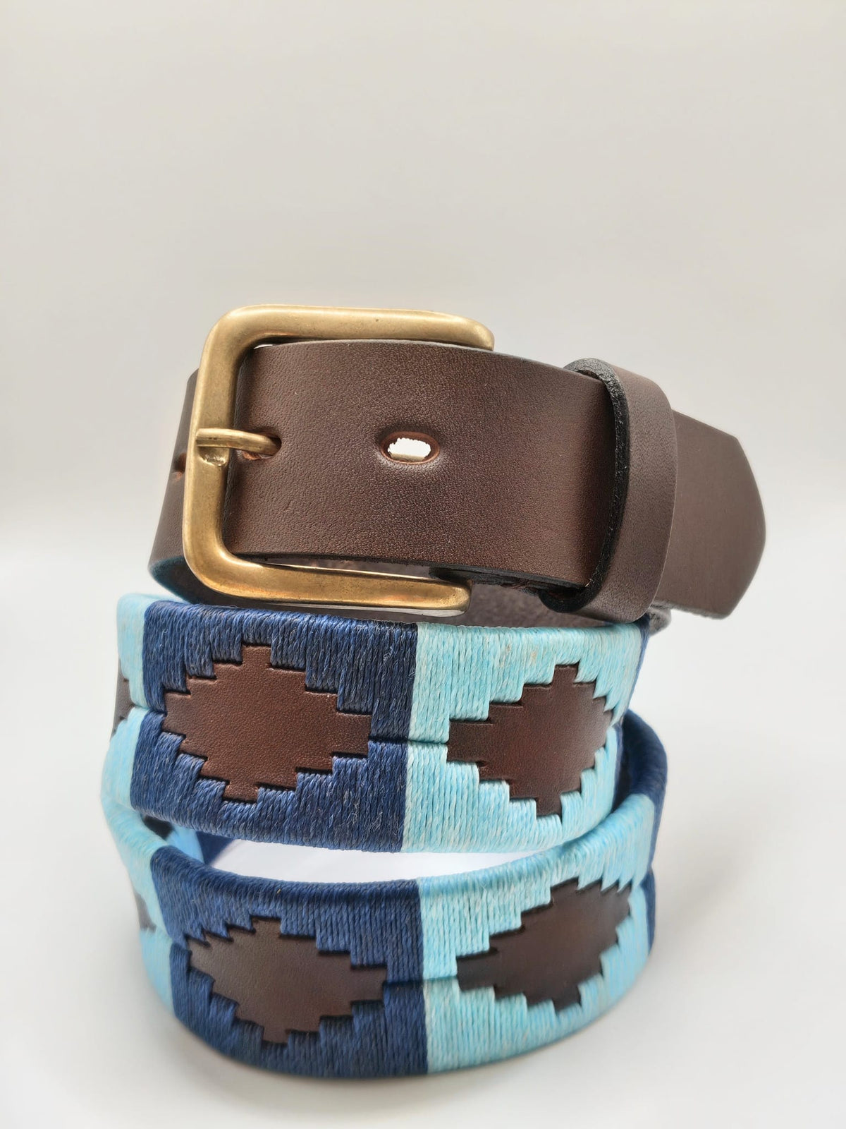 Ceinture en cuir brodée Patria, marron chocolat et marine