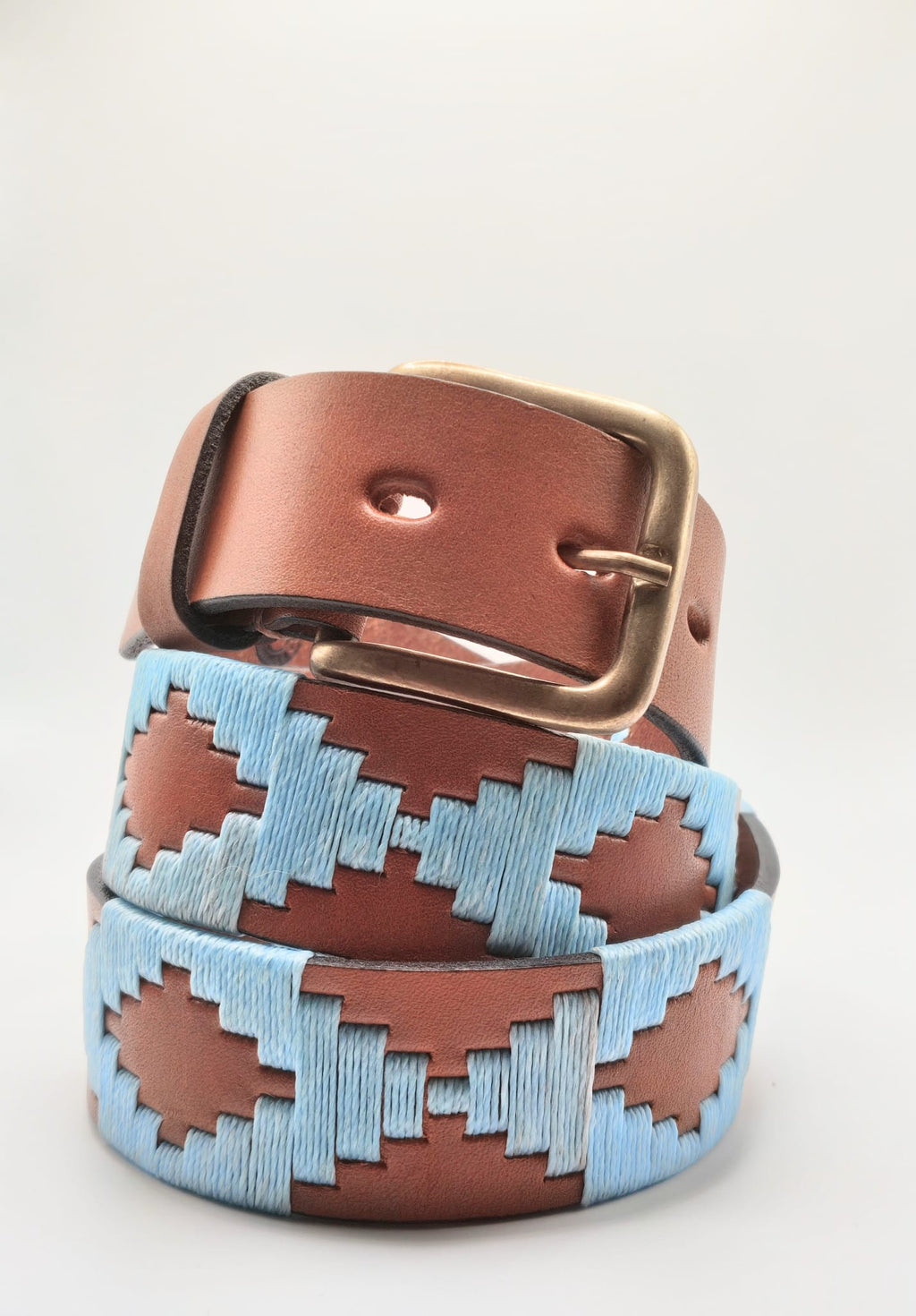 Ceinture de polo en cuir brodée Nono, fauve et bleu ciel