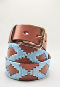 Ceinture de polo en cuir brodée Nono, fauve et bleu ciel