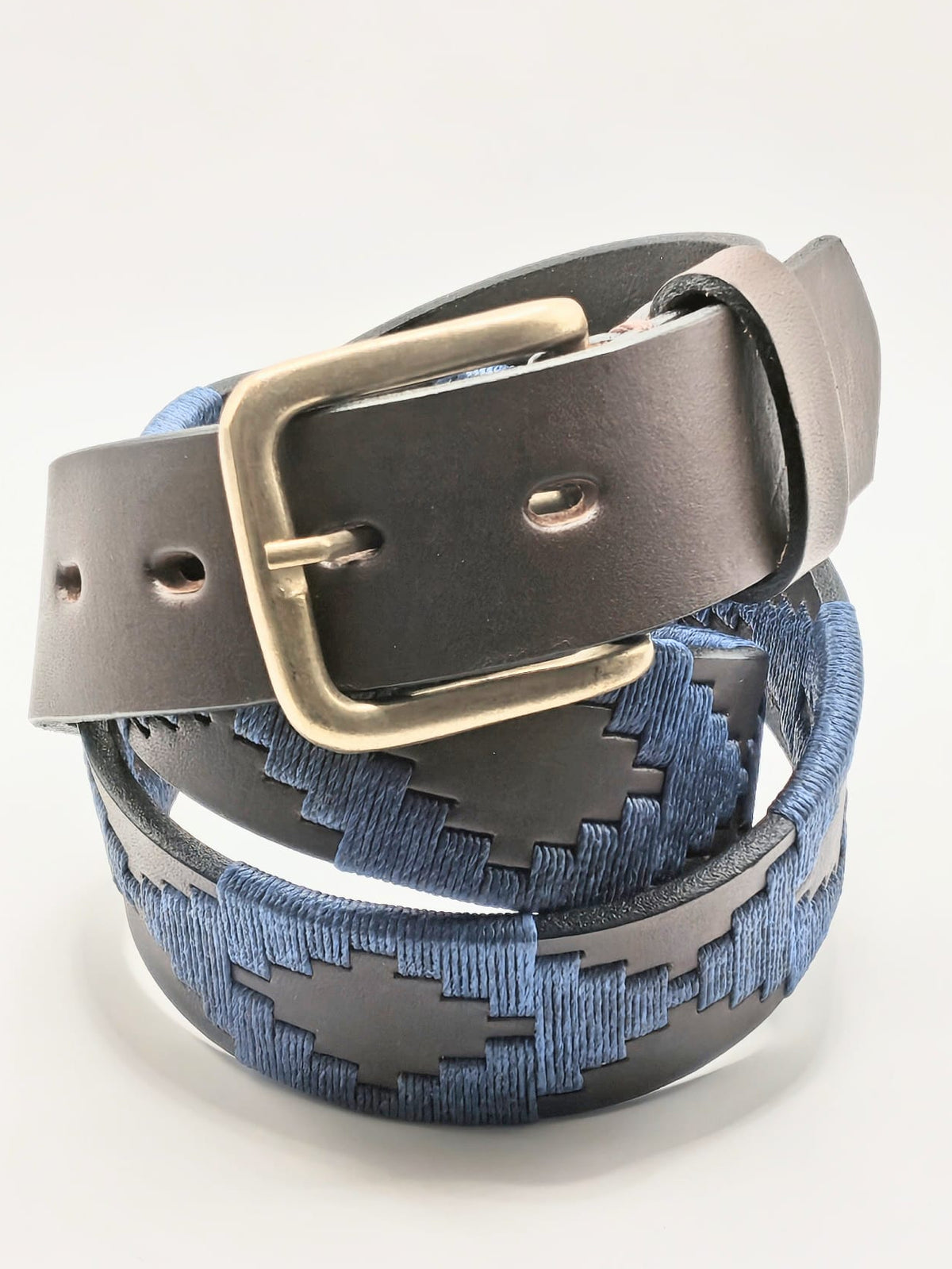 Ceinture de polo en cuir brodée Unquillo, havane et bleu denim