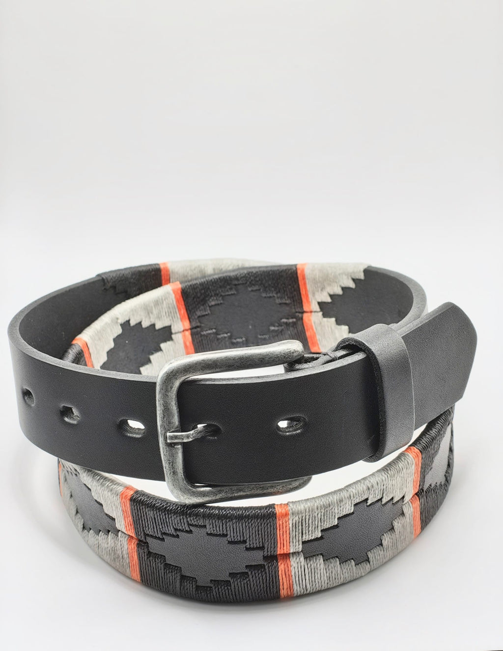 Broderie ceinture cuir Lujan, gris et orange corail