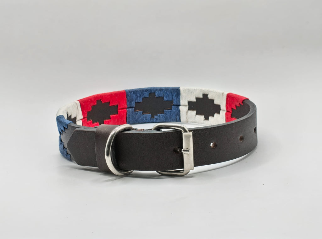 Collier en Cuir Brodé pour Chien Francisca - Brun Chocolat, Bleu, Blanc et Rouge