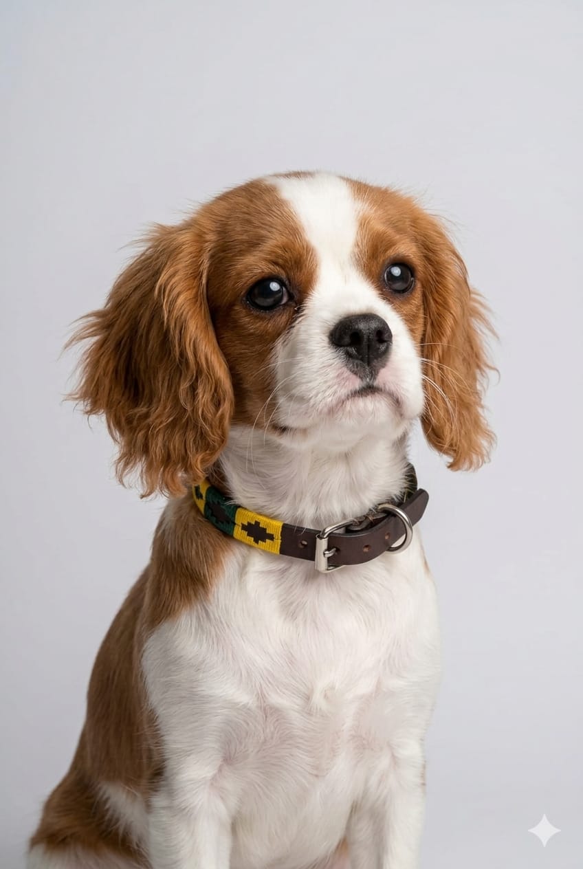 Collier en Cuir Brodé pour Chien Sole - Brun Chocolat, Jaune Or et Marine
