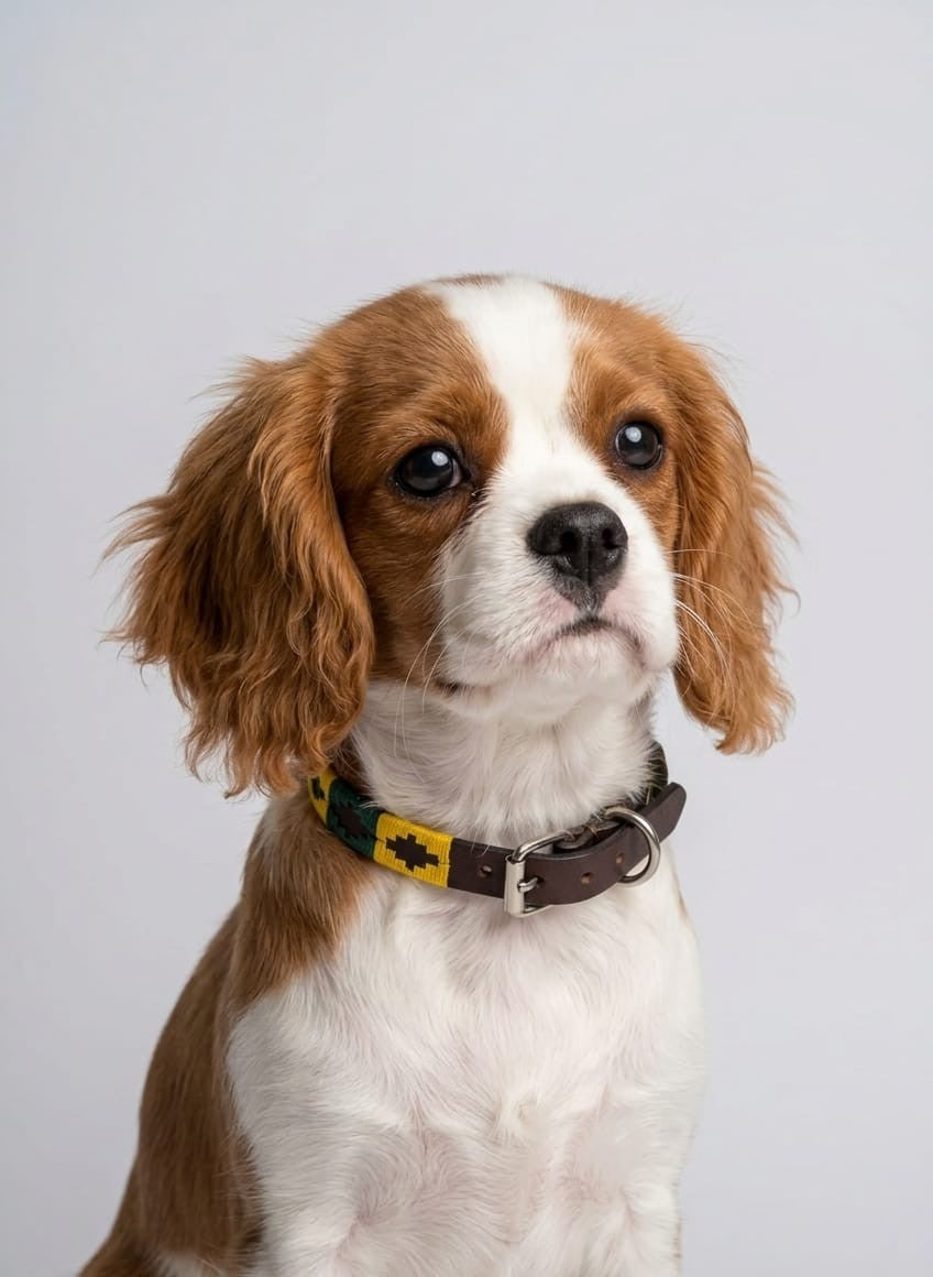 Collier en Cuir Brodé pour Chien Sole - Brun Chocolat, Jaune Or et Marine