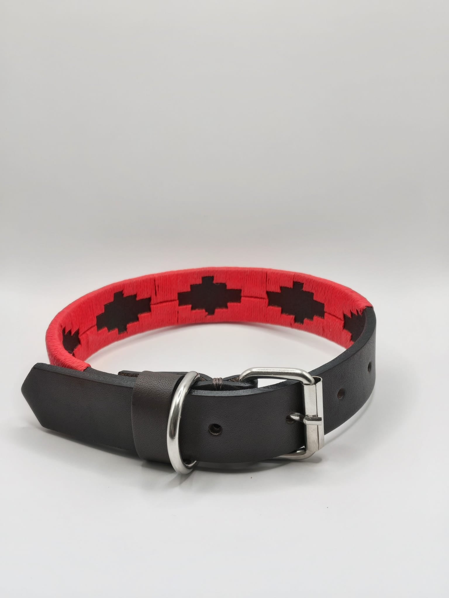 Collier en Cuir Brodé pour Chien Flor - Brun Espresso et Rouge