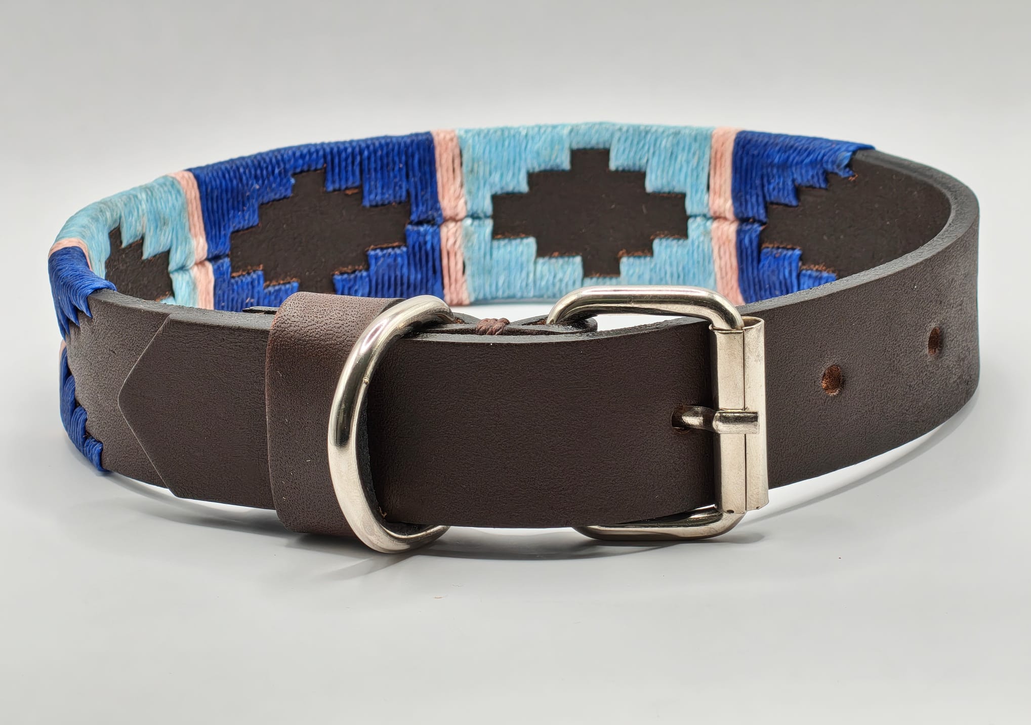 Collier en Cuir Brodé pour Chien Pilar - Brun Havane, Turquoise et Bleu Ciel