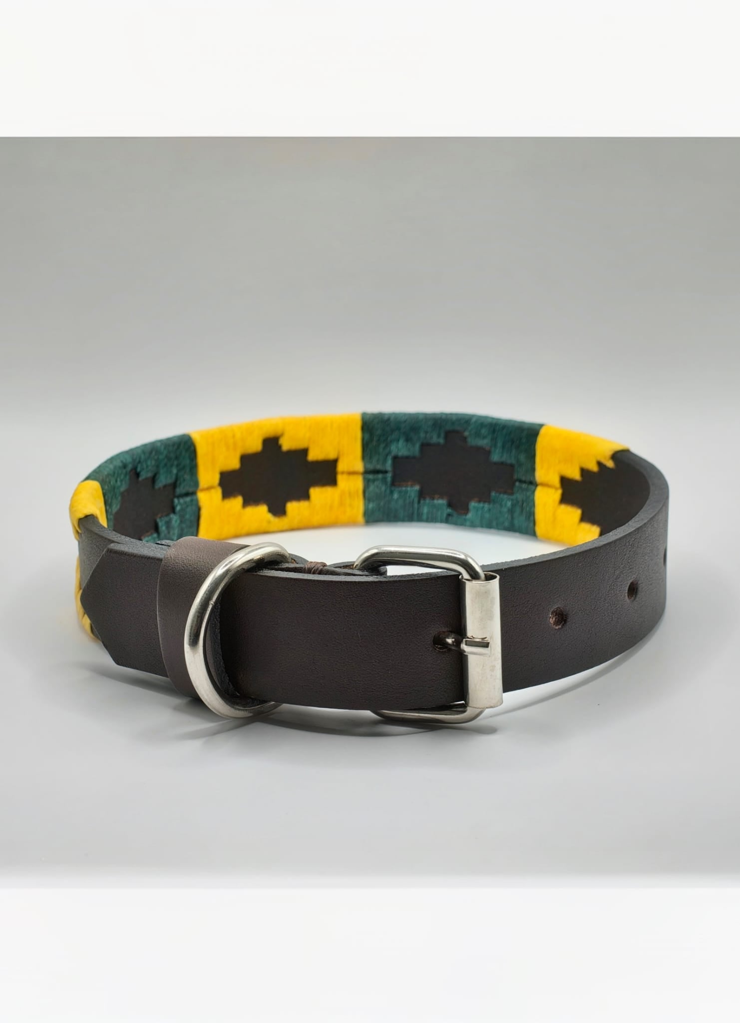 Collier en Cuir Brodé pour Chien Sole - Brun Chocolat, Jaune Or et Marine