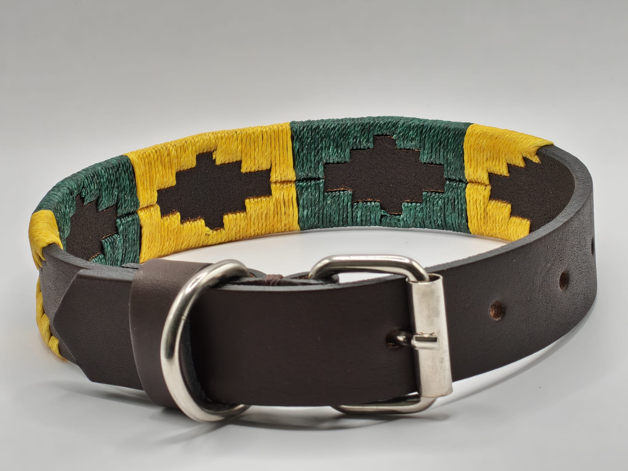 Collier en Cuir Brodé pour Chien Sole - Brun Chocolat, Jaune Or et Marine