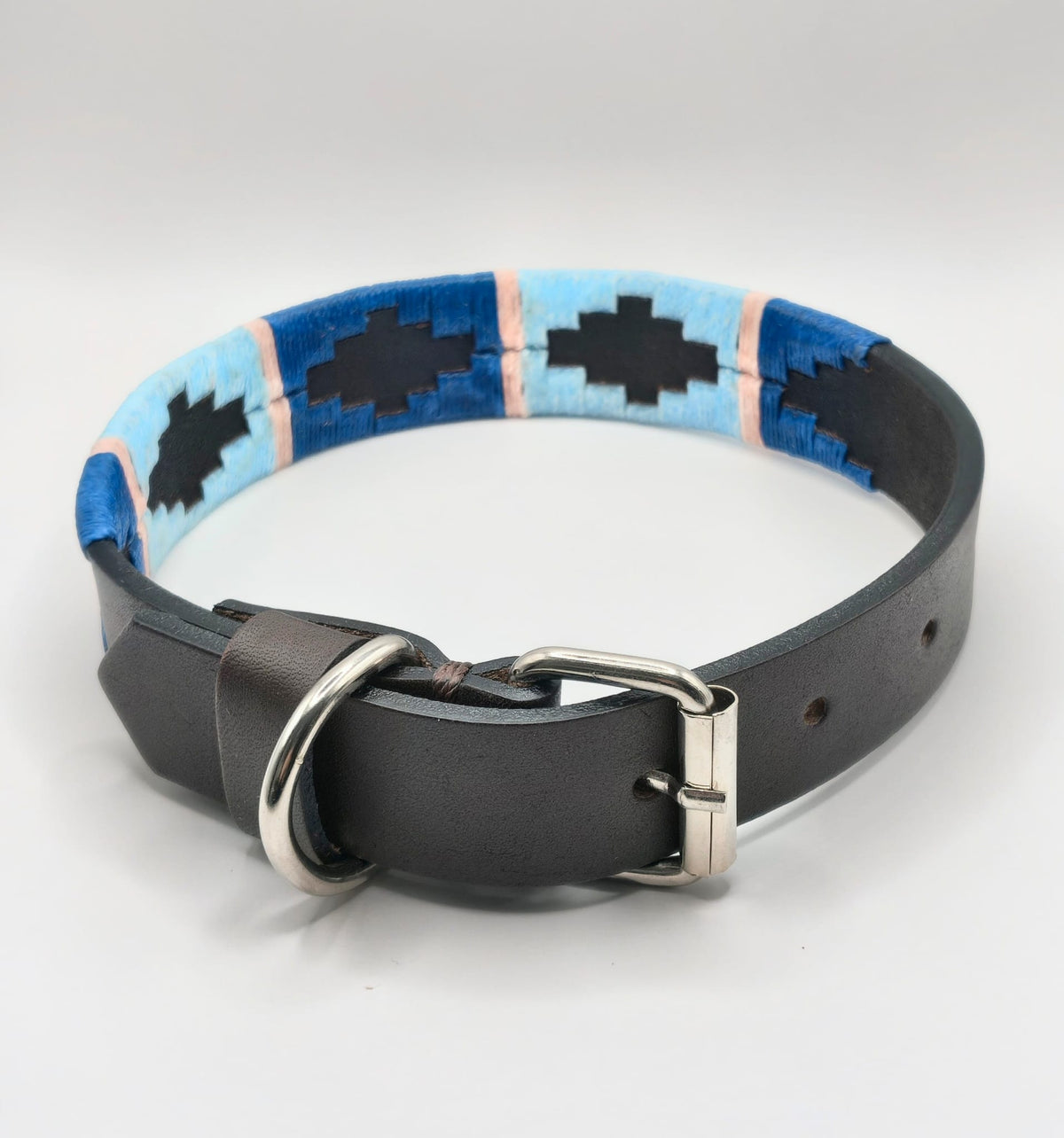 Collier en Cuir Brodé pour Chien Pilar - Brun Havane, Turquoise et Bleu Ciel