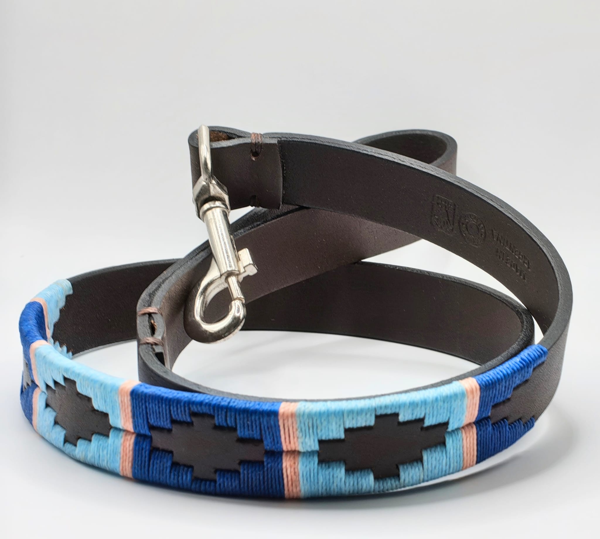 Laisse en Cuir Brodée pour Chien Pilar - Brun Havane, Turquoise et Bleu Ciel