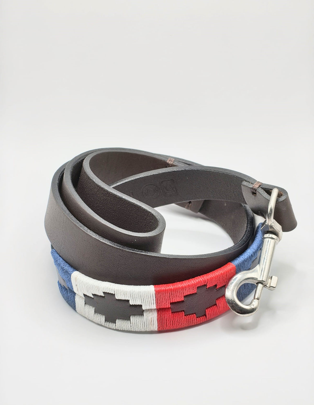 Laisse en Cuir Brodée pour Chien Francisca - Brun Chocolat, Bleu, Blanc et Rouge