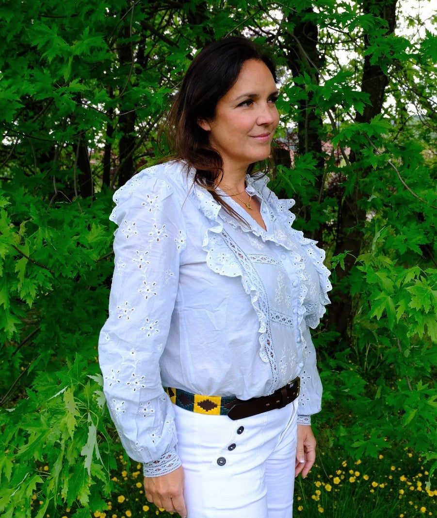 Ceinture de Polo en cuir brodée Esquel - Cuir Marron, Vert et Or