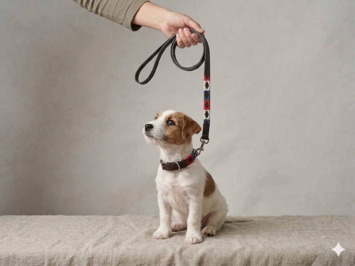 Laisse en Cuir Brodée pour Chien Francisca - Brun Chocolat, Bleu, Blanc et Rouge