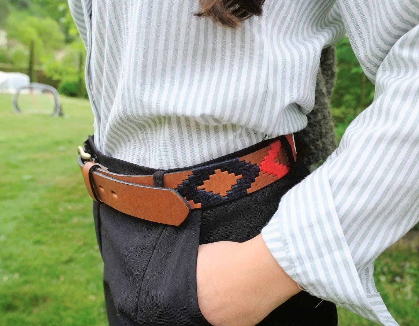 Ceinture de Polo en cuir brodée Francisco - Bleu Blanc Rouge