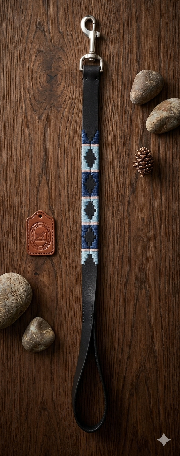 Laisse en Cuir Brodée pour Chien Pilar - Brun Havane, Turquoise et Bleu Ciel