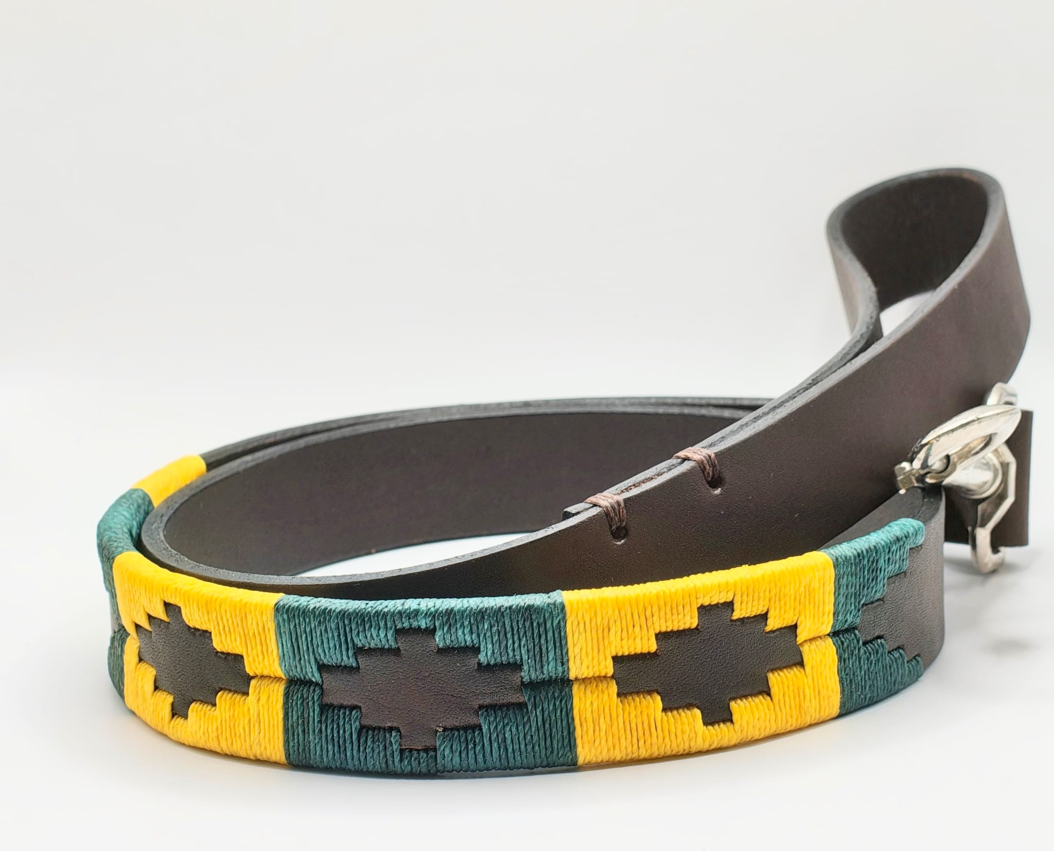 Laisse en Cuir Brodée pour Chien Sole - Brun Chocolat, Jaune Or et Marine