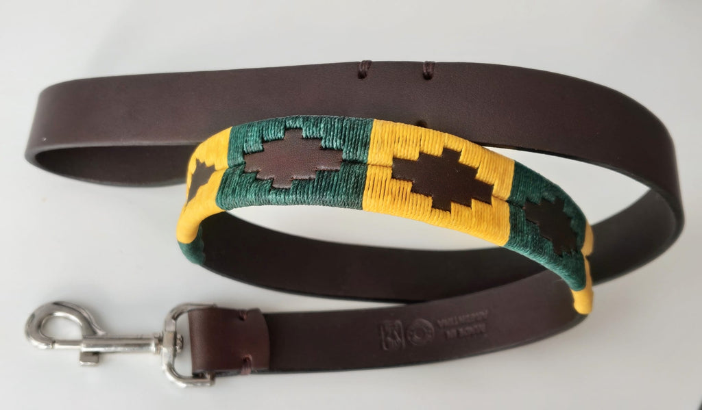 Laisse en Cuir Brodée pour Chien Sole - Brun Chocolat, Jaune Or et Marine