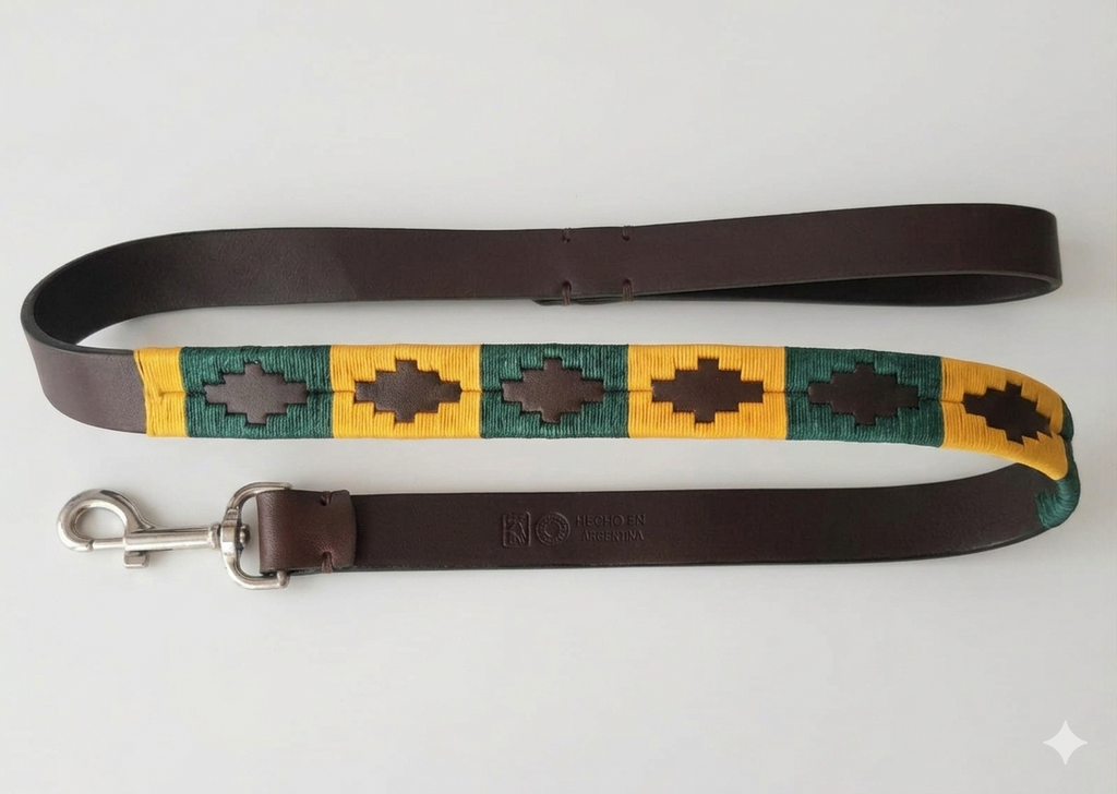 Laisse en Cuir Brodée pour Chien Sole - Brun Chocolat, Jaune Or et Marine