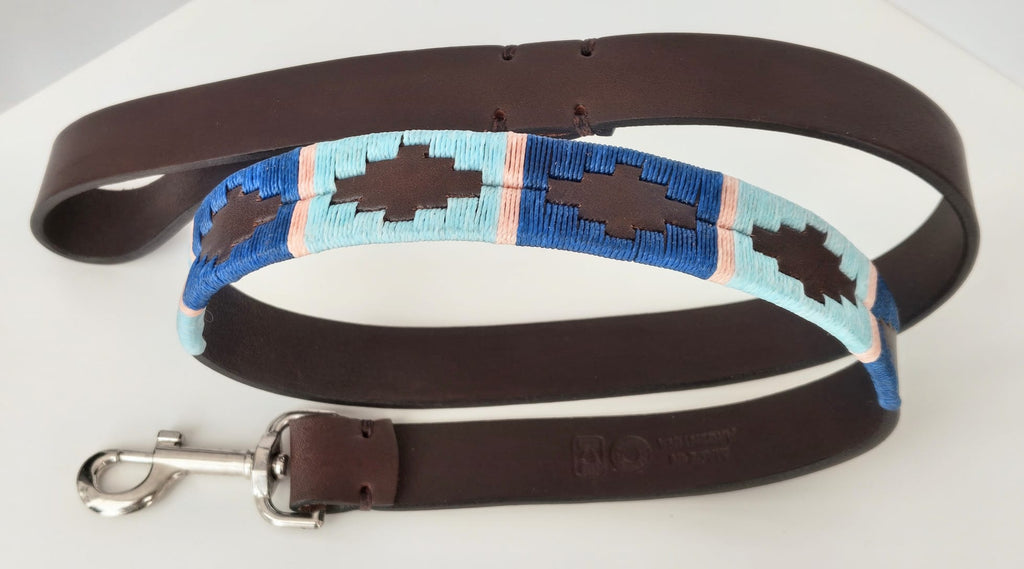 Laisse en Cuir Brodée pour Chien Pilar - Brun Havane, Turquoise et Bleu Ciel