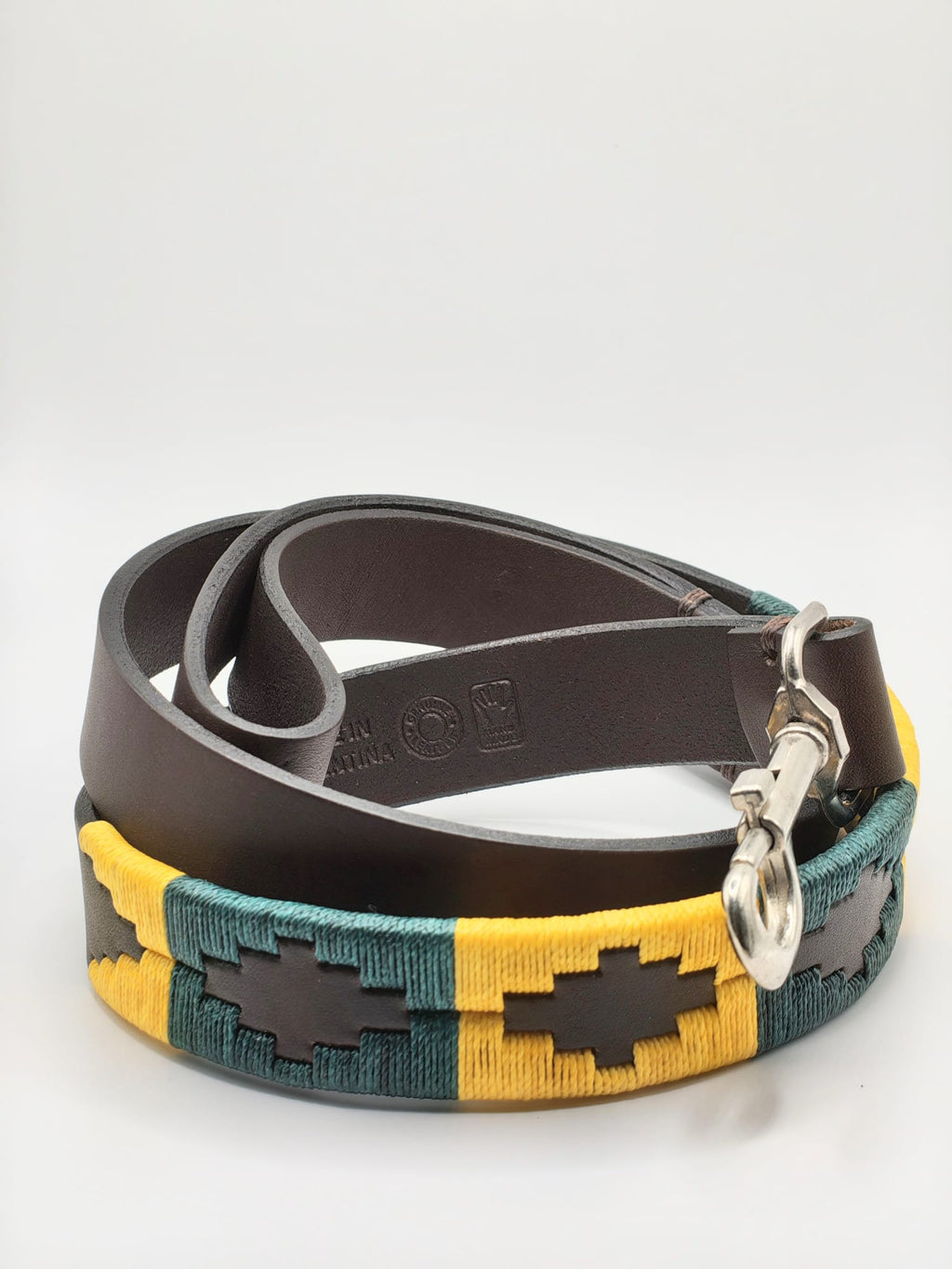 Laisse en Cuir Brodée pour Chien Sole - Brun Chocolat, Jaune Or et Marine