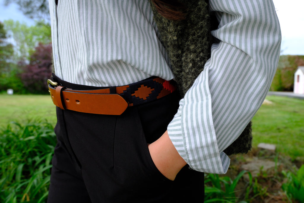 Ceinture de Polo en cuir brodée Potrillo - Cuir Fauve et Bleu Marine