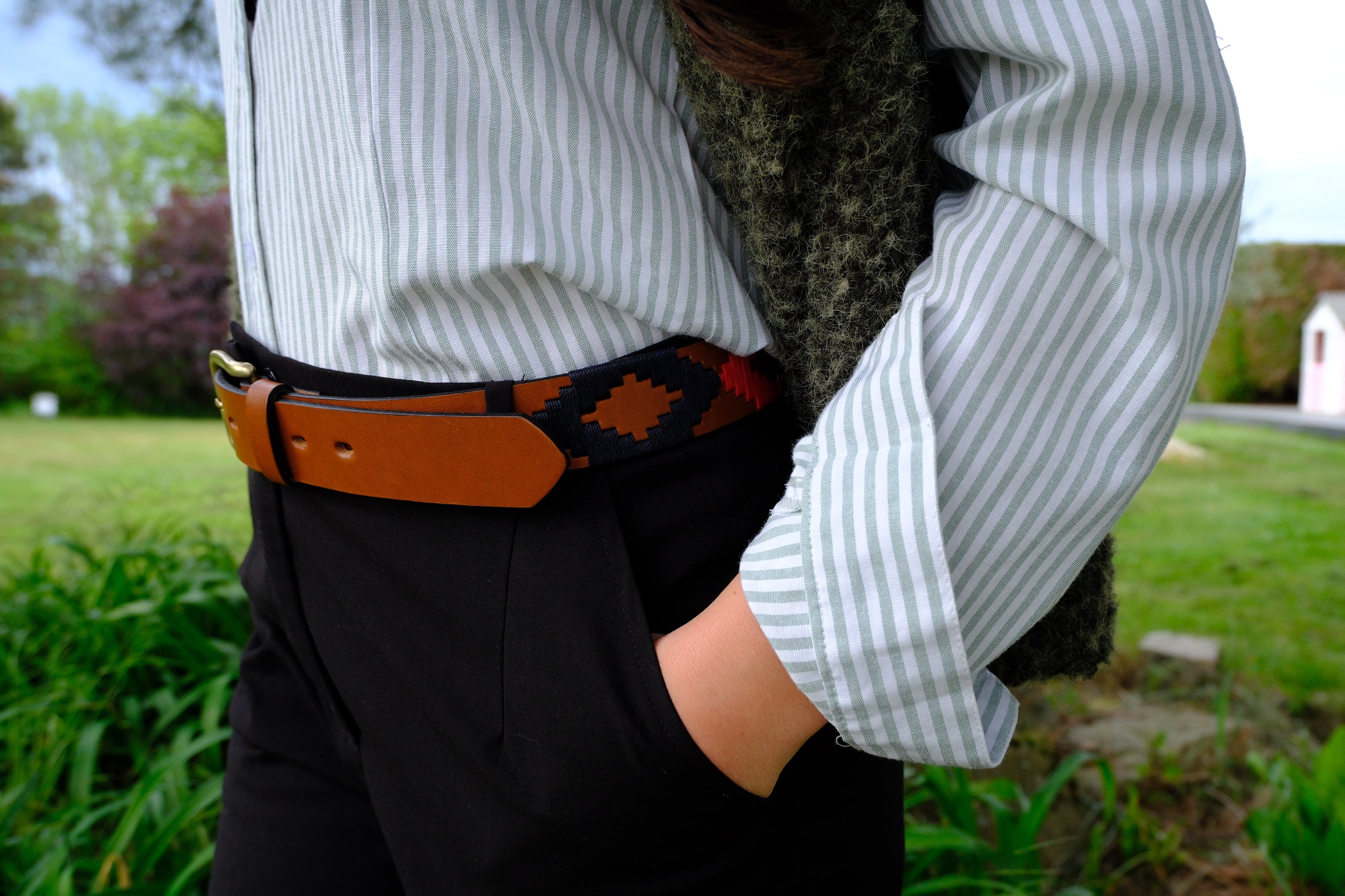 Ceinture de Polo en cuir brodée Potrillo - Cuir Fauve et Bleu Marine