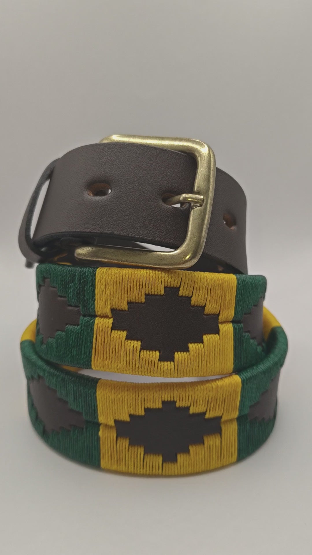 Ceinture de Polo en cuir brodée Esquel - Cuir Marron, Vert et Or