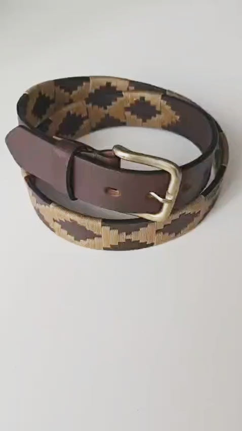 Ceinture de Polo en cuir brodée Salta - Cuir Marron et Sable