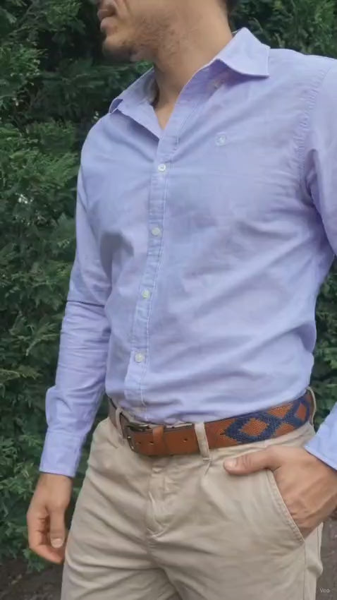 Ceinture de Polo en cuir brodée Potrillo - Cuir Fauve et Bleu Marine
